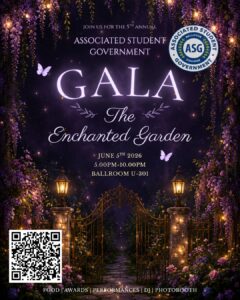 Entrance to a garden at night with a deeply purple dark sky, glimmering gateposts and fairy lights as well as event info and QR code.