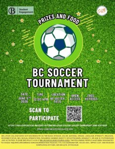 Illustrated soccer ball on a green grass background with event info and QR code.