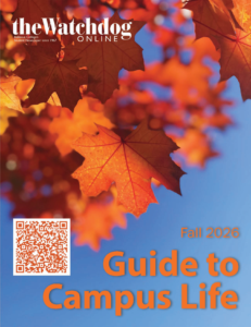 2026 Cover to the Fall Campus Guide with autumn-colored maple leaves on a deep blue sky, QR code, and Guide to Campus Life from the Watchdog Online, Bellevue College student newspaper.