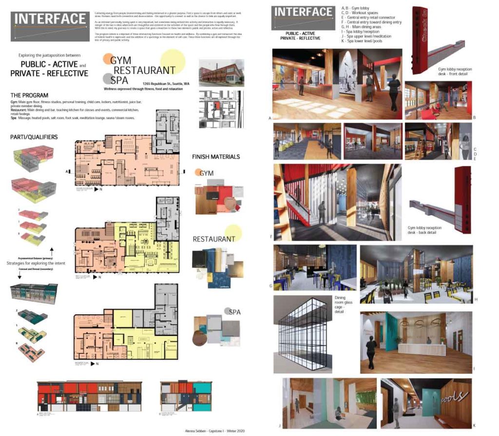 A space to escape from others and exist or work, gather energy from people, brainstorm and feel immersed in a greater purpose alone. This wellness center is expressed through fitness, food and relaxation. Humans need both connection and disassociation - the opportunity to connect as well as the chance to hide are equally important. The program vehicle is comprised of three intersecting functions focused on health and wellness. By combining a gym and restaurant, the idea of holistic health is expressed and with the addition of a spa brings in the element of self-care. These three functions are all explored through the lens of privacy and public activity.