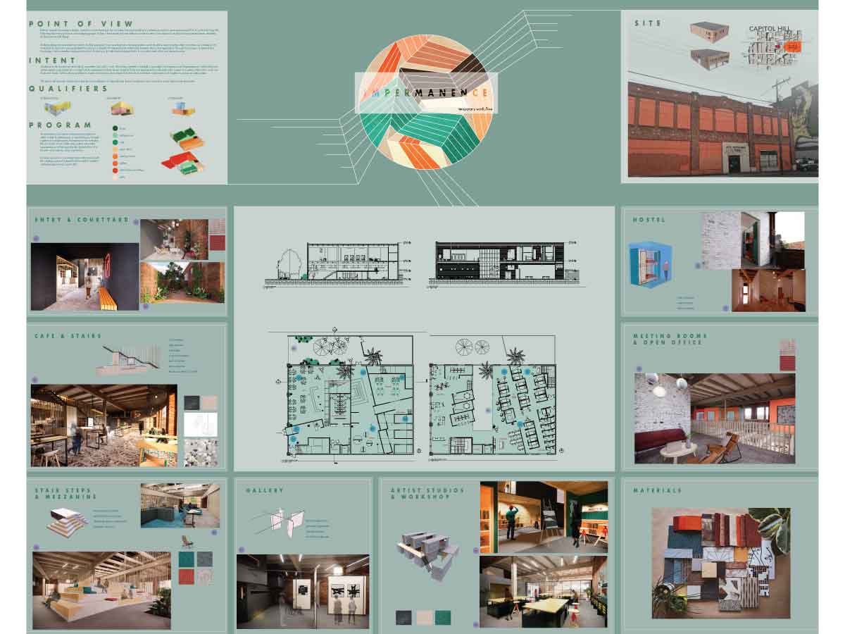 Qualifiers for this project are interlocking, asymmetry and solid + void, working together to establish a paradigm of permanence and impermanence. These qualifiers create a harmonious environment that shows how individual components work together to power an entire system. This space will promote collaboration and the cross-pollination of ideas through shared workspaces and connection points that promote interaction. An exploratory concept involving varied programs in either a state of permanence or impermanence, brought together in a single system. Permanence is the everyday life of a local—work, collaborate, gather, eat—while impermanence will encapsulate the dynamic flow of a traveler—visit, explore, shop, experience includes spaces for co-working functionality paired with the rotating course of a hostel to be located in Seattle’s central neighborhood, Capitol Hill.