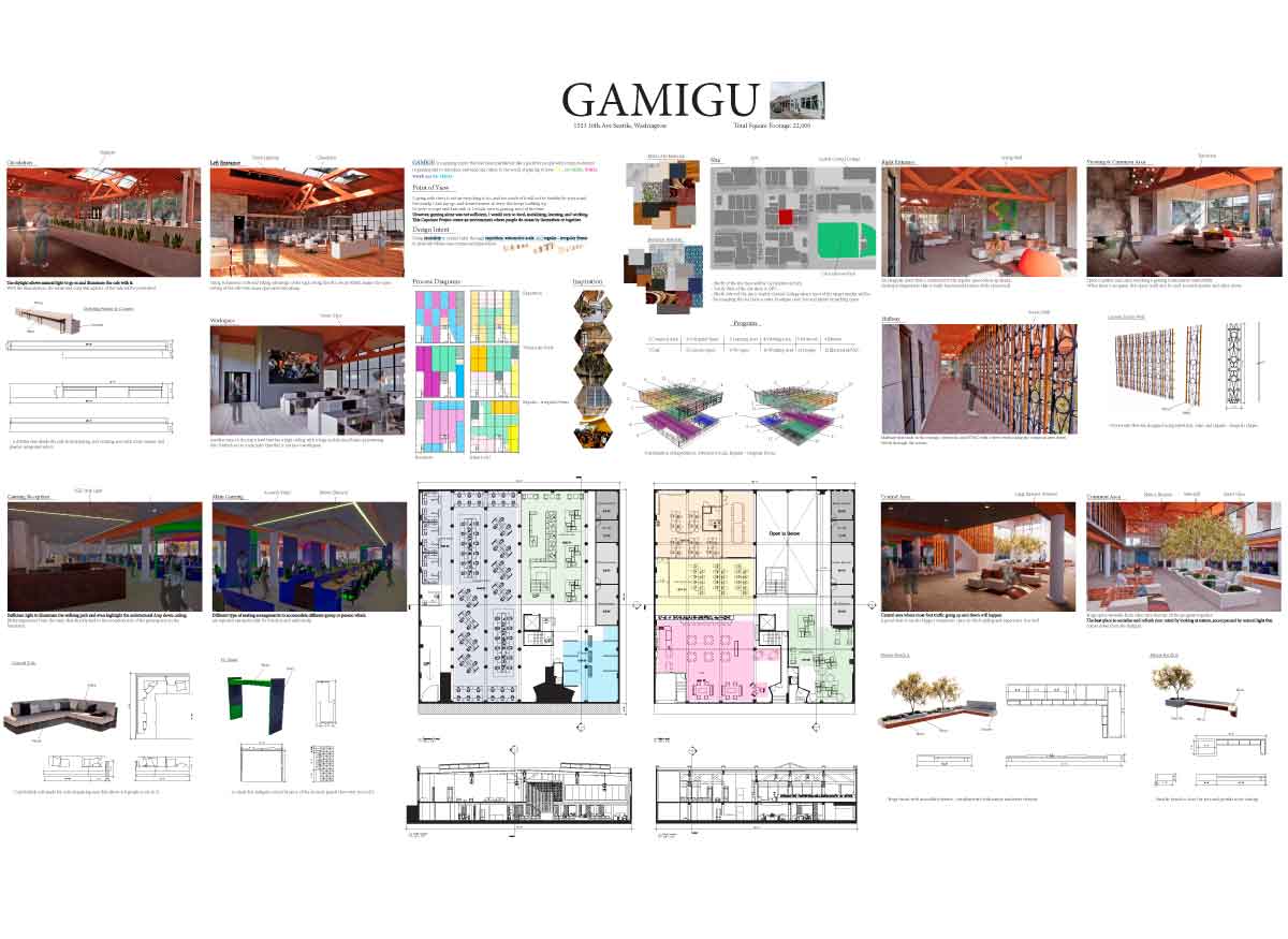 Coping with stress is not an easy thing to do. In order to cope and deal with it, I would turn to gaming most of the time. However, gaming alone was not sufficient, I would turn to food, socializing, learning, and working. This Capstone Project creates an environment where people de-stress by themselves or together. Gamigu is a gaming center that had been manifested like a guild for people with common interest in gaming and to introduce and welcome others to the world of gaming to have fun, socialize, learn, work and de-stress. Using centrality as spatial order through repetition, volumetric scale, and regular-irregular forms to promote wholesome communal experiences. Located in the heart of the Capitol Hill neighborhood, to encourage varying degrees of socializing; there is a common area, café, working, learning and viewing areas, a VR room as well as computer and console spaces. 