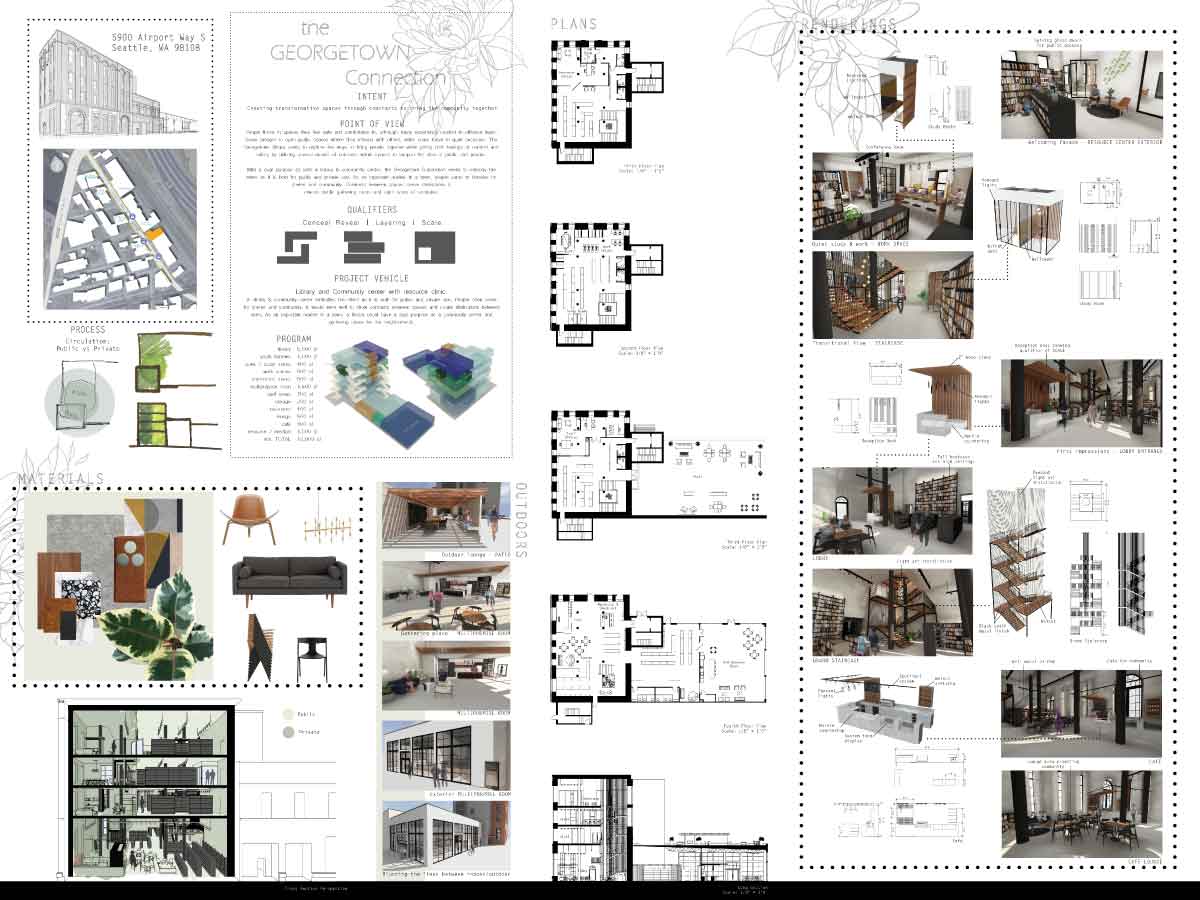 People thrive in spaces where they feel safe and comfortable. Many experience comfort in different ways. Some prosper in open public spaces where they interact with others, while some thrive in quiet seclusion. The Georgetown library seeks to explore the ways to bring people together while giving both feelings of comfort and safety by utilizing several means of contrasts within spaces to support the idea of public and private. With a dual purpose as both a library & community center, the Georgetown Connection seeks to embody the intent as it is both for public and private use. As an important marker in a town, people come to libraries for shelter and community. Contrasts between spaces create distinctions between public gathering areas and quiet spots of seclusion. Creating transformative spaces that contrast, this project aims to bring the community together through the design qualifiers: Conceal/Reveal, Layering, and Scale. 
