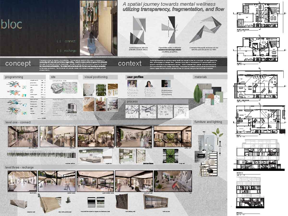 Bloc is a wellness center for those in recovery from chemical dependence. This center utilizes the qualifiers fragmentation, transparency, and flow to create spaces the foster a journey of healing and connection. The wellness center is divided into two levels to serve different aspects of the unique needs of those in recovery. The first level is centered on encouraging connection and is open to the community featuring a resource center, a cafe, retail, and group meeting rooms. The second level is open to female-identifying and non-binary visitors and focuses on the individuals needs including individual therapy, art therapy, and physical activity for their own personal mental wellness and recovery. Bloc utilizes design and programmatic elements to help people to create a community while fostering their own autonomy.