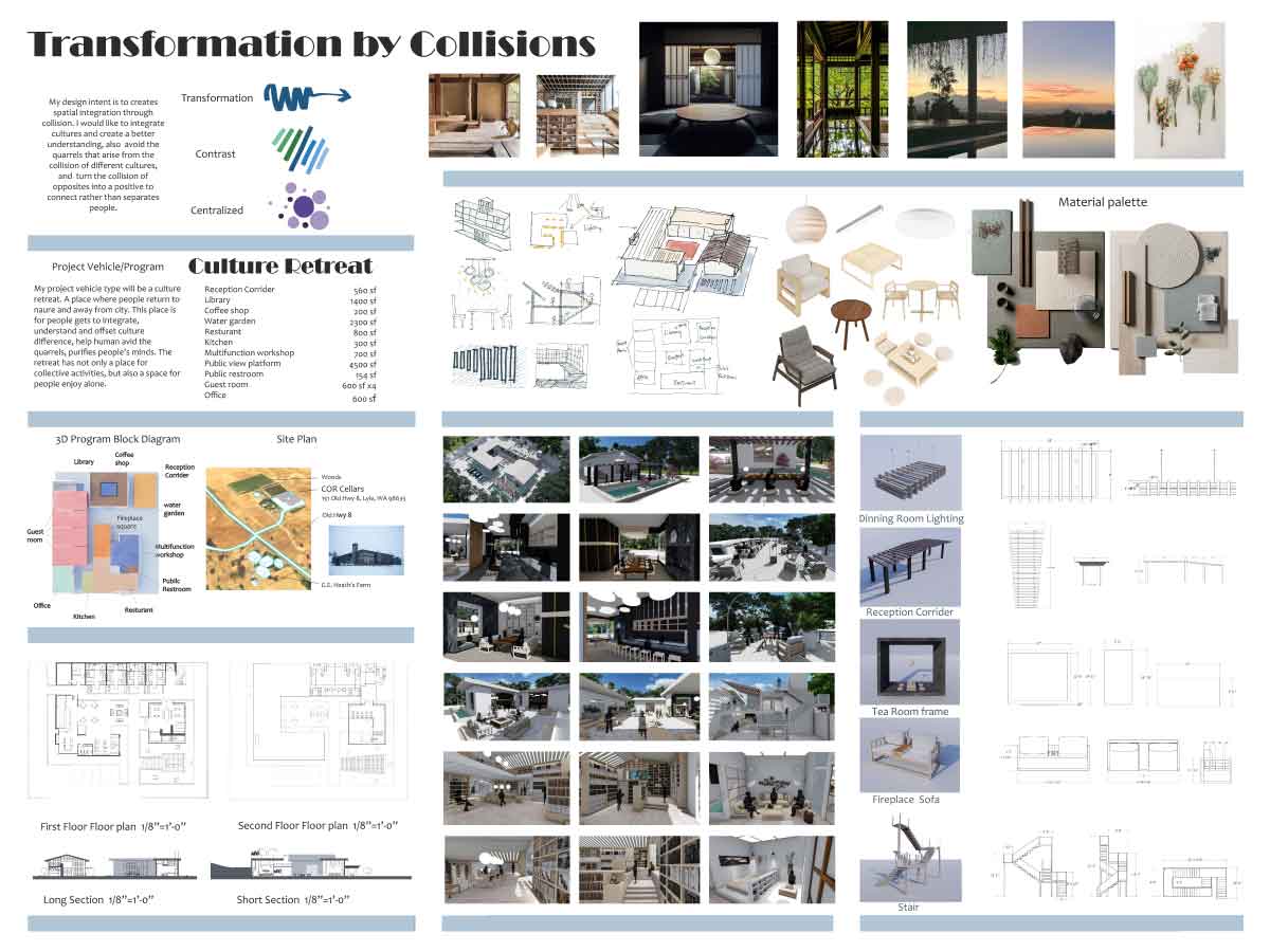 This project is call Collisions through transformation. Based on the relationship with my parents, and the different perspective and culture between two generations. My design intent is to create spatial integration through collision. I would like to integrate cultures and create a better understanding, also avoid the quarrels that arise from the collision of different cultures and turn the collision of opposites into a positive to connect rather than separate people. My project vehicle type will be a culture retreat. This is a place where people return to nature and get away from city. This cultural retreat is a place for people to integrate, understand, and offset culture difference. Not only a place for collective activities, but also has spaces for people to enjoy alone. My three qualifiers to design my project are: transformation, contrast and centralized. Using transformation on this project is to show how a culture transforms from old to new. I separated the quiet area and the active area to create contrast. When choosing the site and location, I decided to look for a building that has a central area so it can show the centralized concept. Within the center open area, I created a fireplace for people to gather, so that people can have more communication.