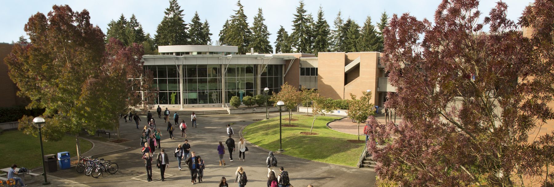 Arial view of a sunny day on Bellevue College Main Campus, students and people walking around 