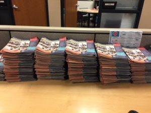 Stacks of Bellevue College catalogs