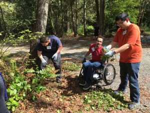 Students working at Idylwood Park pulling weeds