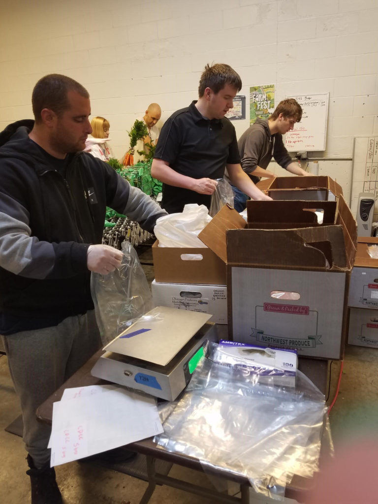 group of young adults fill produce bags with produce