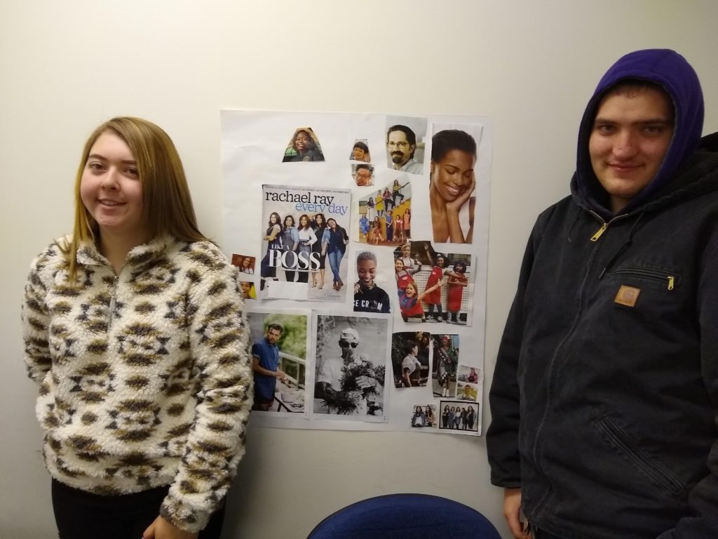 a young woman and a young man pose with a collage of magazine photos