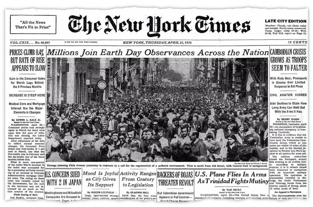 Front page of the New York Times from April 23, 1970 with headline "Millions Join Earth Day Observances Across the Nation" 