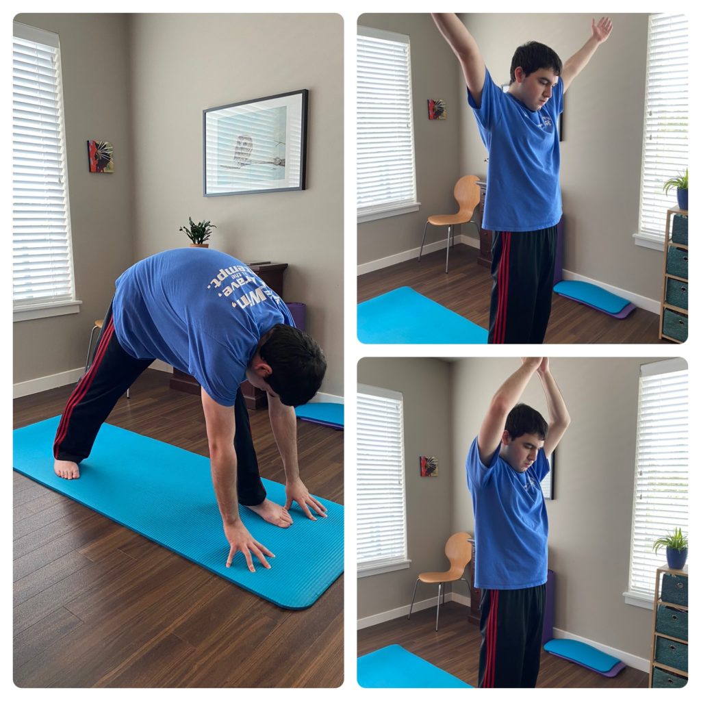 collage of young man in yoga poses in his living room