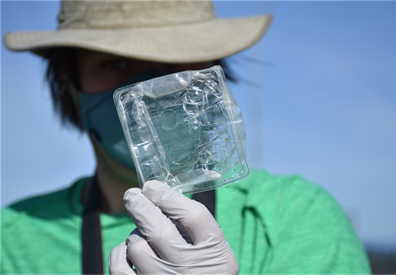 young man in face mask and sun hat and dispoable gloves holds up a piece of garbge