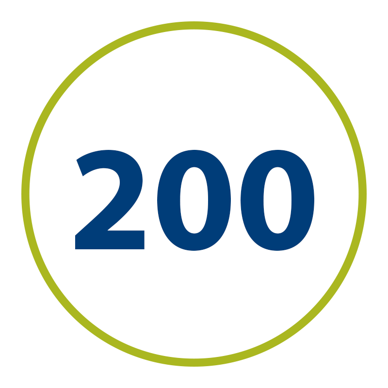 graphic of green circle with the number 200 inside, representing the number of hours OLS students do for their internships. 