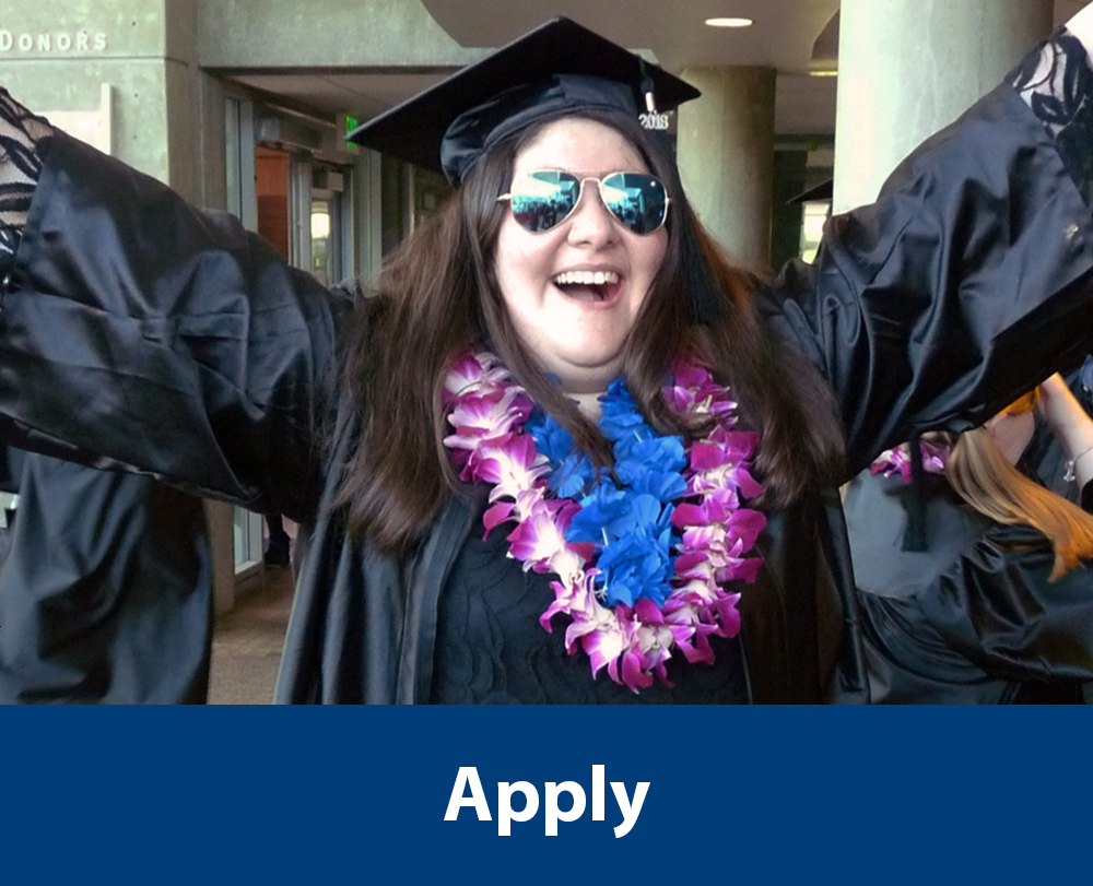 OLS Graduate smiling with her arms in the air in a graduation cap and gown. text reads "Apply" 