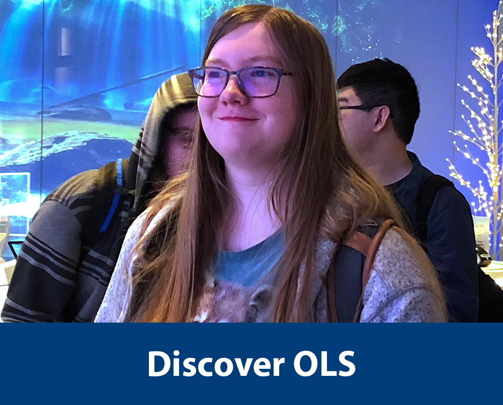  OLS student stands in the Microsoft Visitor Center on a community activity. Text  reads "Discover OLS" a