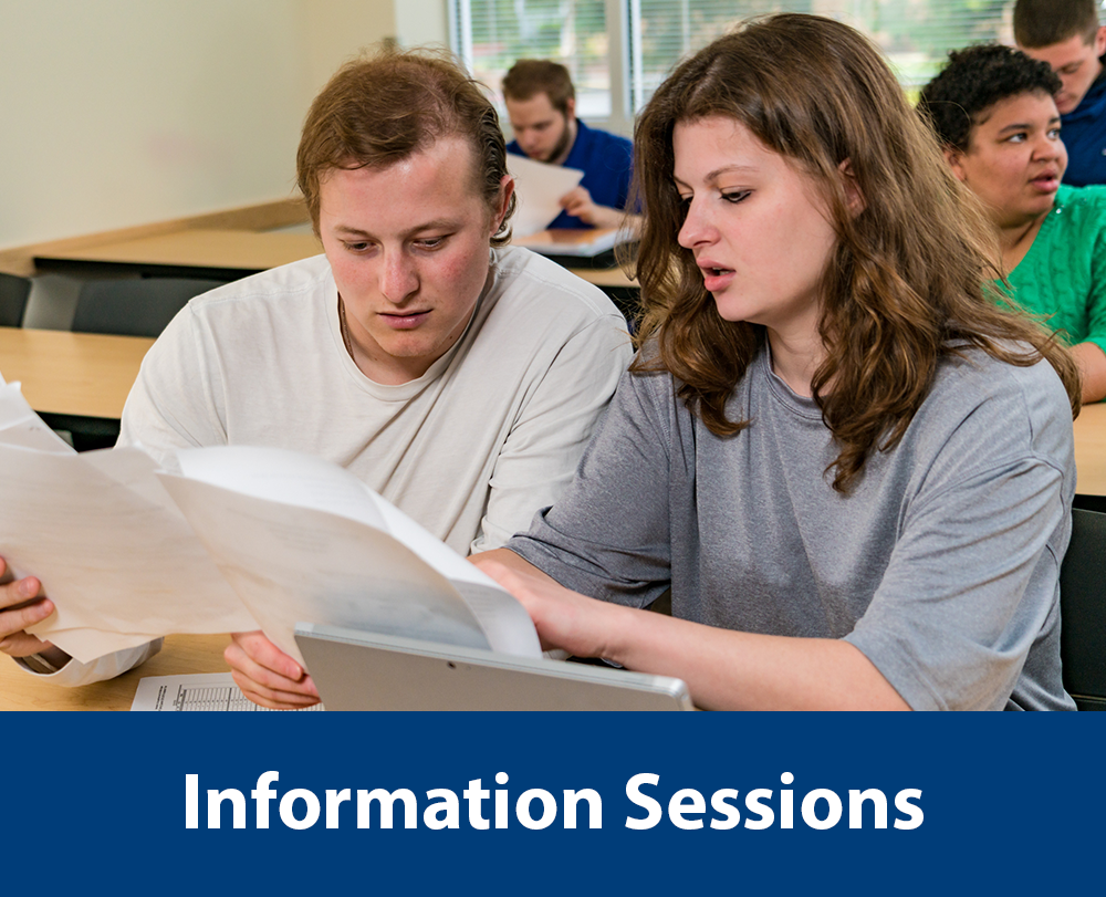  two OLS students working together in class. text reads"Information Sessions" 