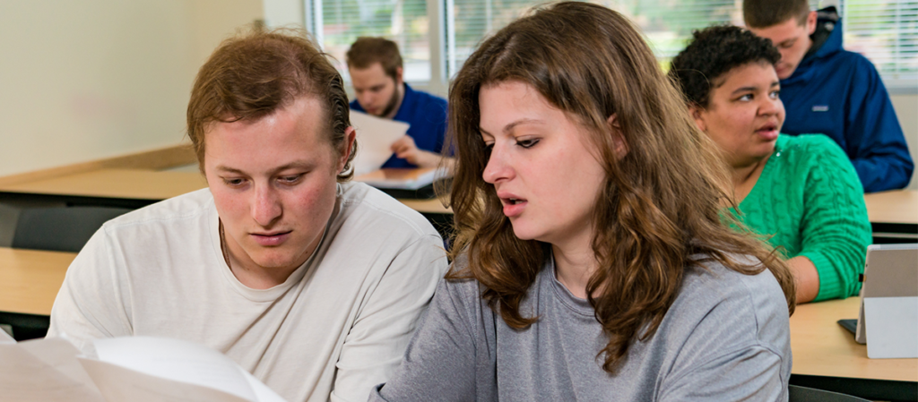 Two OLS students work together in class