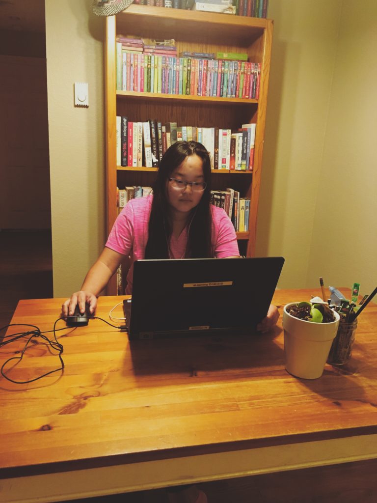 An OLS student working on her home computer 