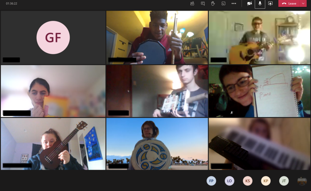 Screenshot of OLS students in Microsoft Teams meeting sharing instruments for their Music Appreciation class activity