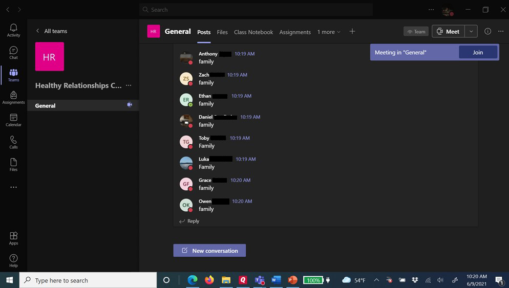 screen shot of Microsoft Teams chat