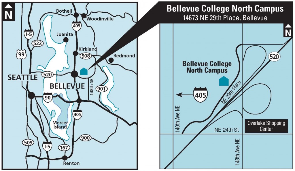 Map of campus location, showing North Campus just north of 520 and east of the I-405 junction