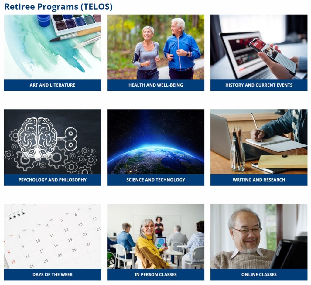 Screenshot of Bellevue College Continuing Education 55+ course categories