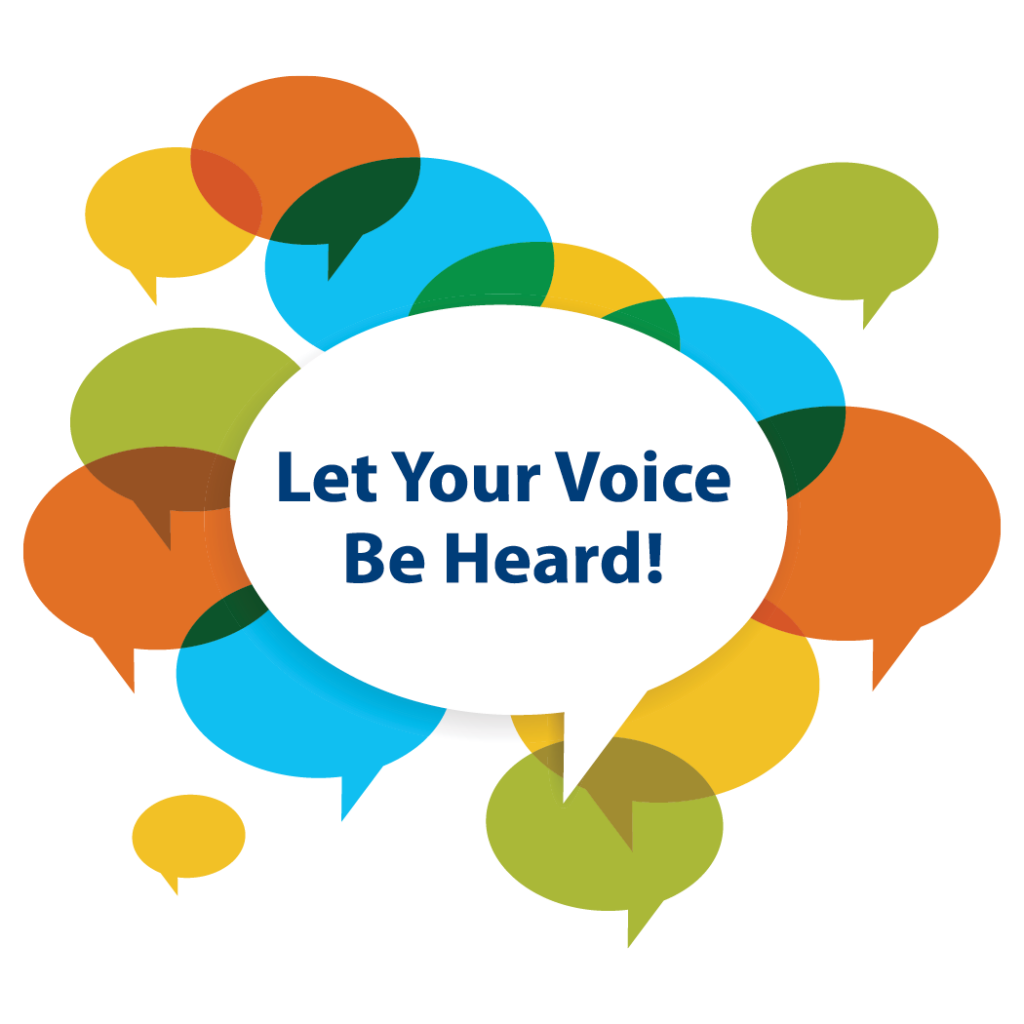 A cloud of colorful speech bubbles around one exclaiming "Let your voice be heard!"