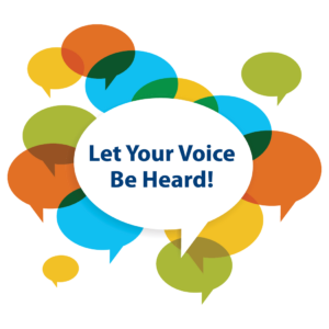 A cloud of colorful speech bubbles around one exclaiming "Let your voice be heard!"