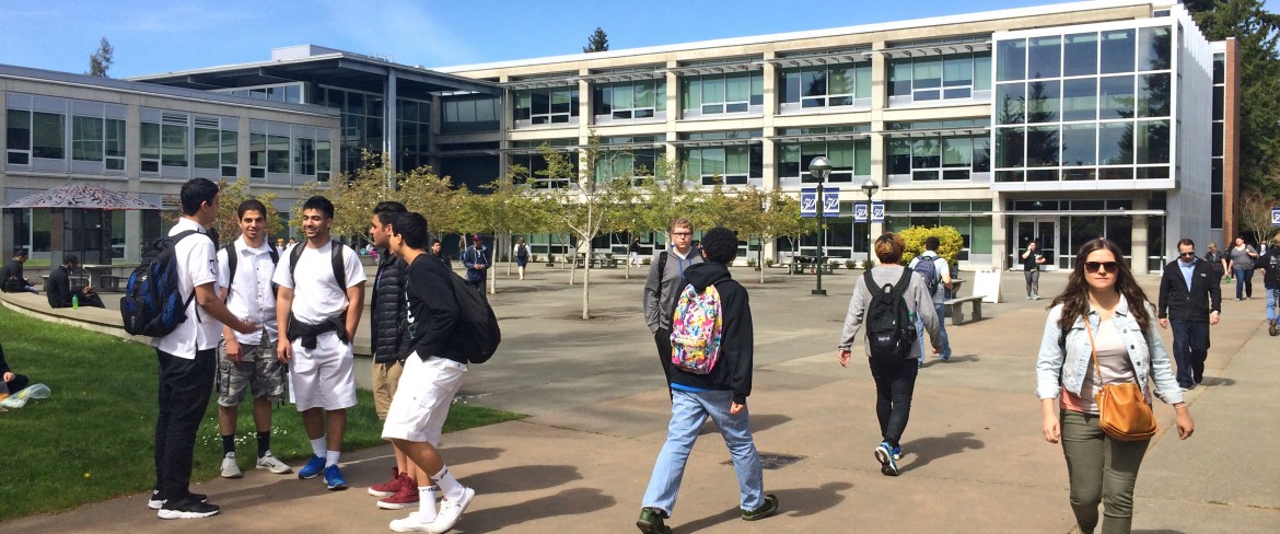 Students on the square in front of R Building