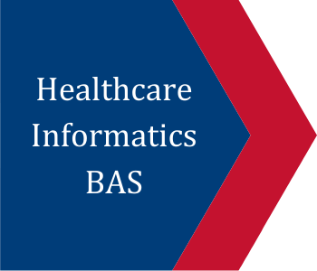 Blue and red right-facing arrow labeled, "Healthcare Informatics BAS"