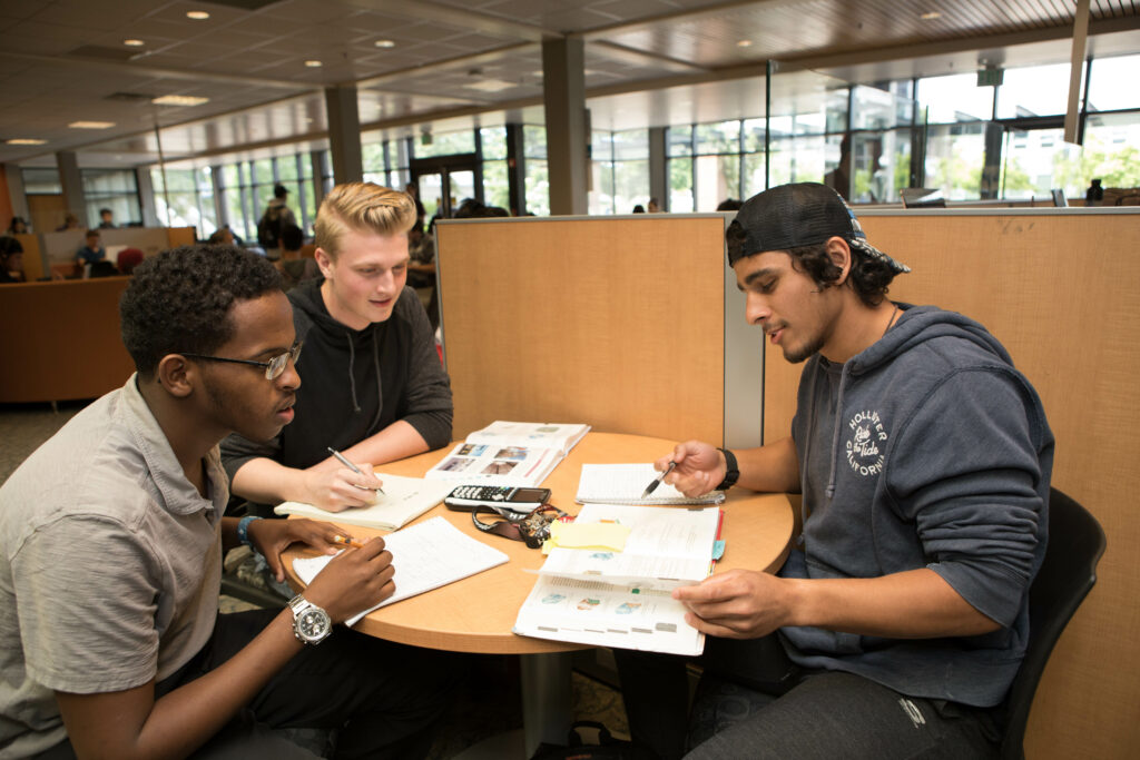 Black male student and white male student working on an assignment together while looking at a textbook.