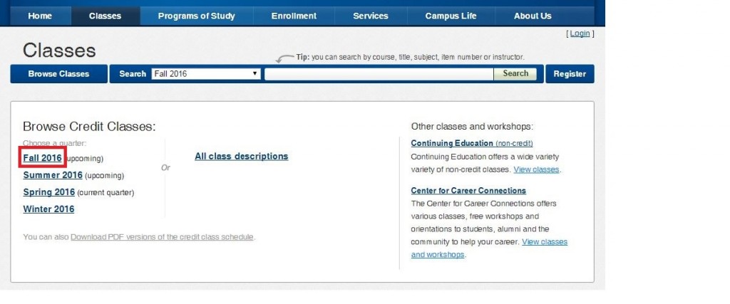 Browse Credit Classes webpage with Fall Quarter 2016 highlighted