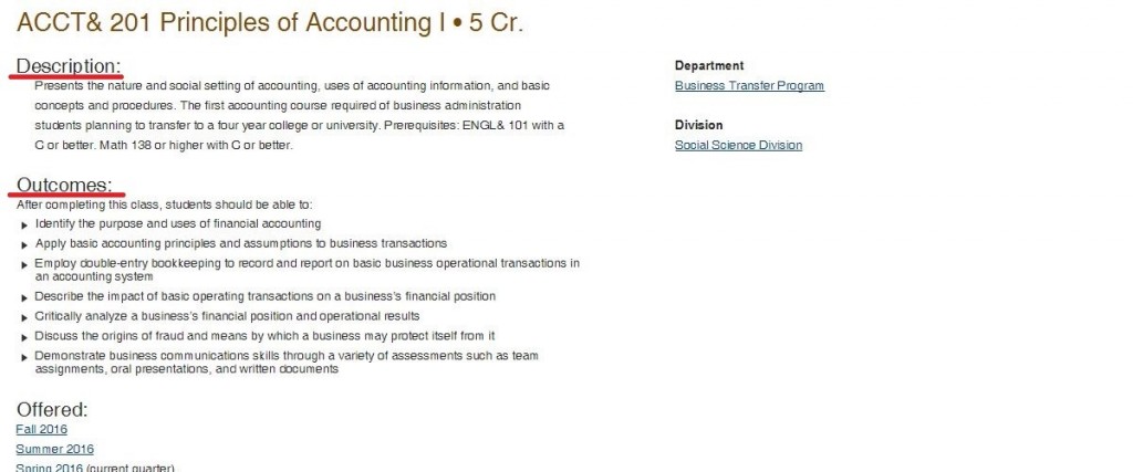 Accounting transfer course description and outcomes