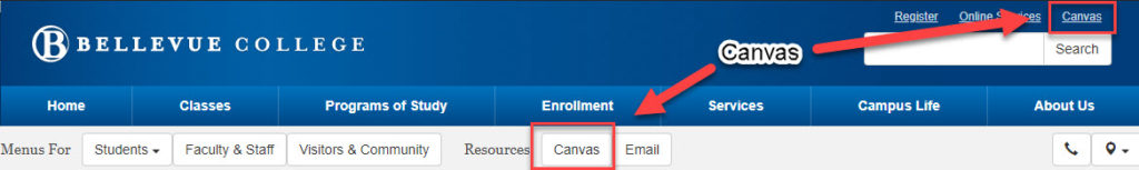 Image of Canvas location on Bellevue College Home Page