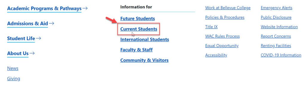 Under Information for click Current Students