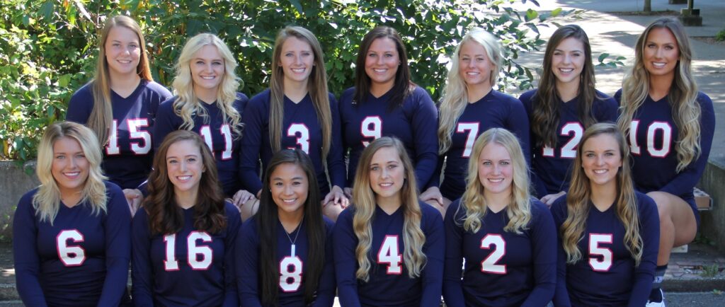 Team photo of 2016 Bellevue College volleyball. Individual names listed in caption