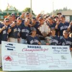 Image of team surrounding trophies and bracket board