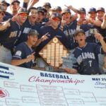 Image of team surrounding trophies and bracket board