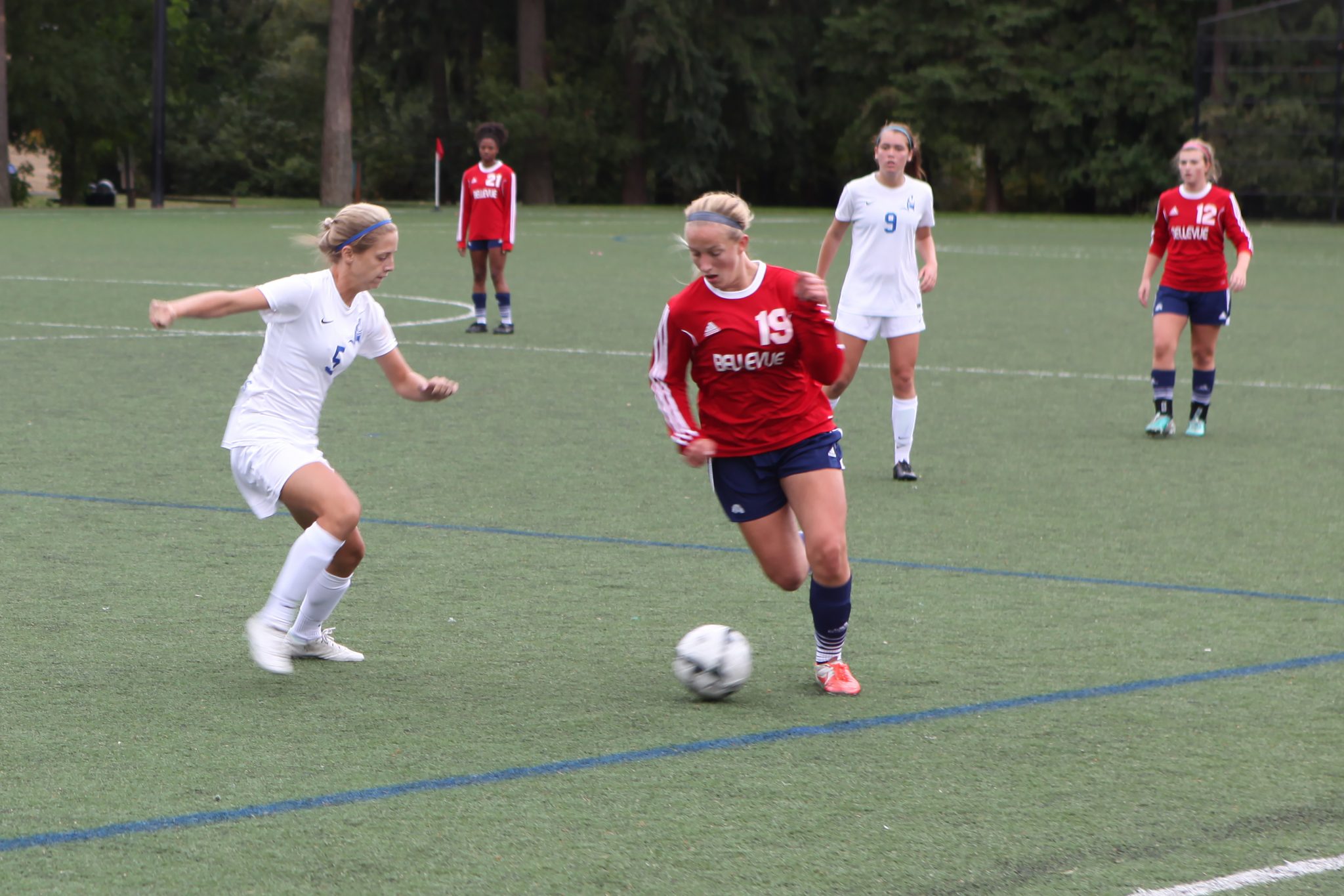 Bellevue College midfielder Taylor Weins on the attack in BC's 2-1 victory over Lane in a women's soccer match on Friday, Sept. 4