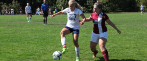 Image of BC women's soccer player controlling the ball against Pierce College on September 11, 2015