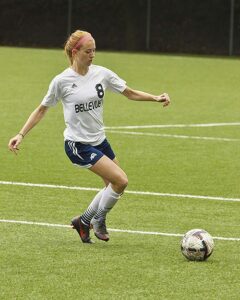 Katie Newell did the damage herself scoring all three goals in the playoff win over Chemeketa. photo by Rich Dworkis.