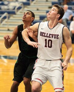 Brian Zehr led Bellevue with 25 points and 13 rebounds in the win over SW Oregon at the Big Bend Crossover Tourney. photo by Rich Dworkis.