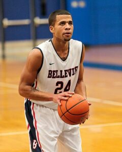 Dom Holub was 13-of-14 from the free throw line and had a season-high 28 points to lead Bellevue to the come-from-behind win at Skagit Valley. photo by Rich Dworkis. 