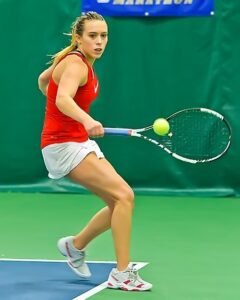 Melanie Mortensen won 6-0, 6-0 for Bellevue over Skagit. photo by Rich Dworkis.