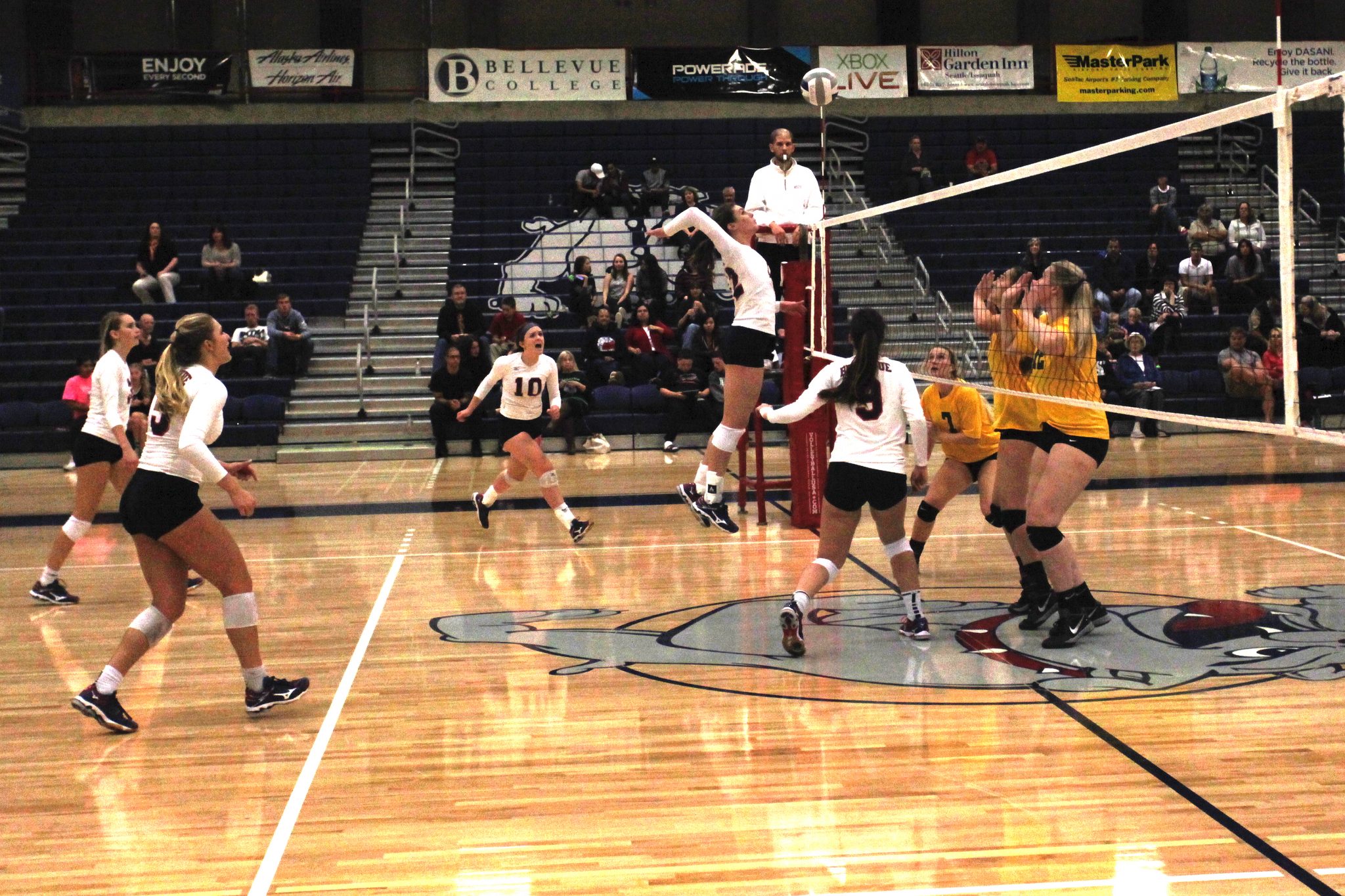 A Bellevue College player hits a shot against Shoreline