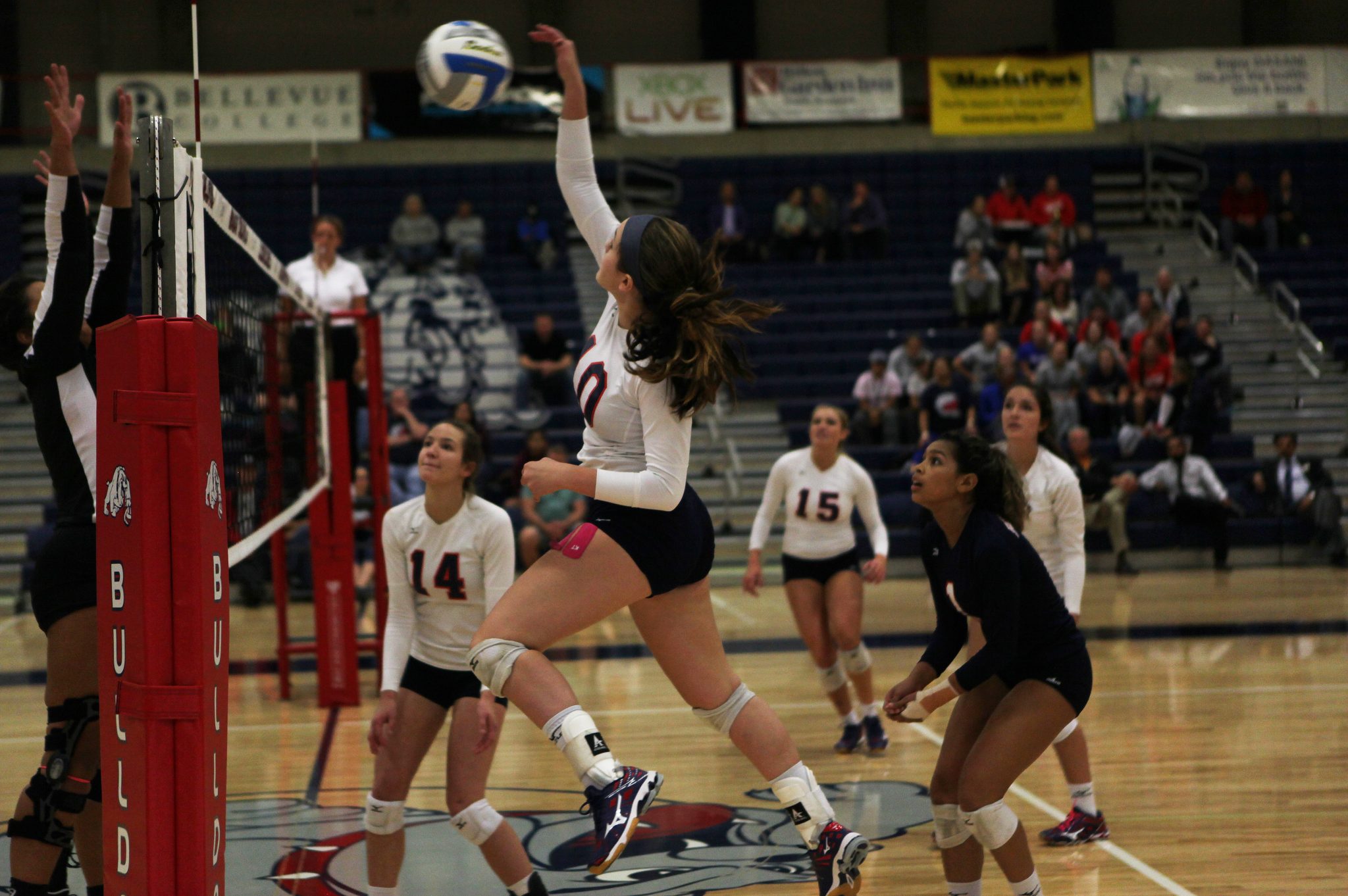 A Bellevue College volleyball player hits a shot against Edmonds