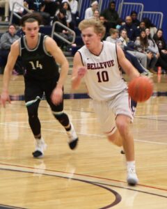 Jaden Vollmen was five-of-seven from three-point range as he led Bellevue to the win at Skagit Valley. photo by Jim Hoehn.