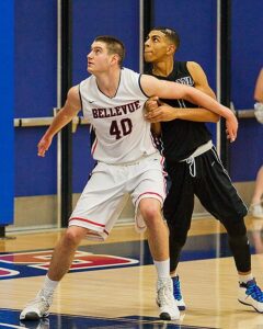 Max Tilden was a threat underneath leading BC with 10 rebounds and 5 blocked shots in the win over Green River. photo by Rich Dworkis. 