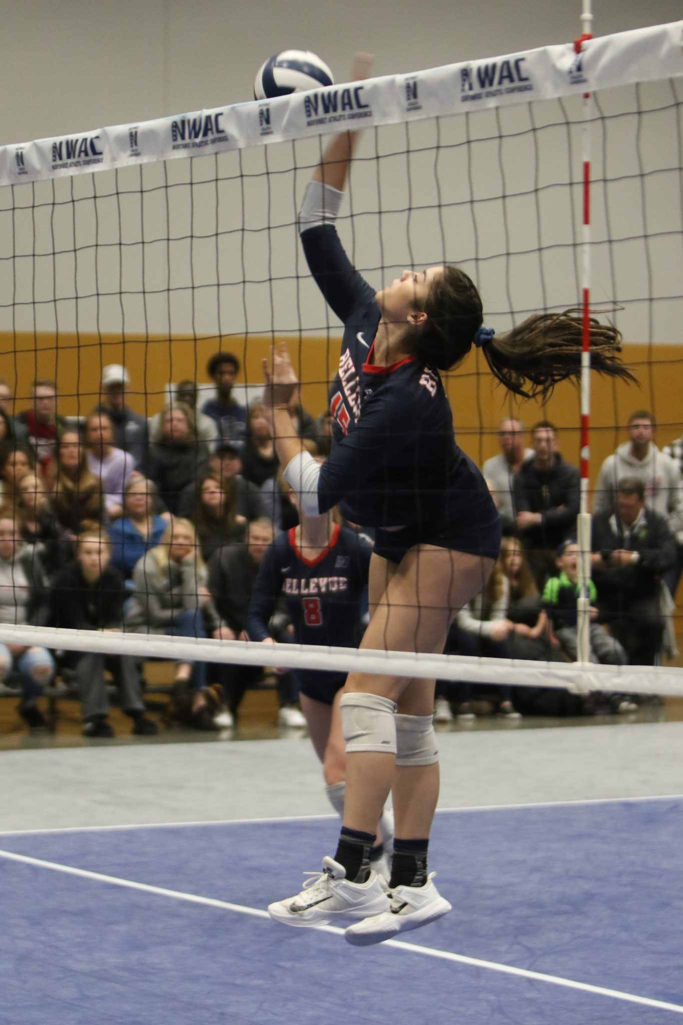 A BC player taps the ball over the net